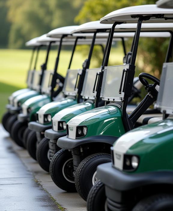 A fleet of clean, electric golf carts plugged in and charging